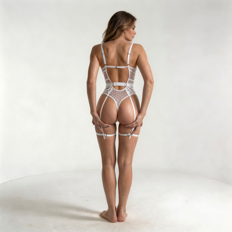 Sheer Lace Garter Teddy Bodysuit – White