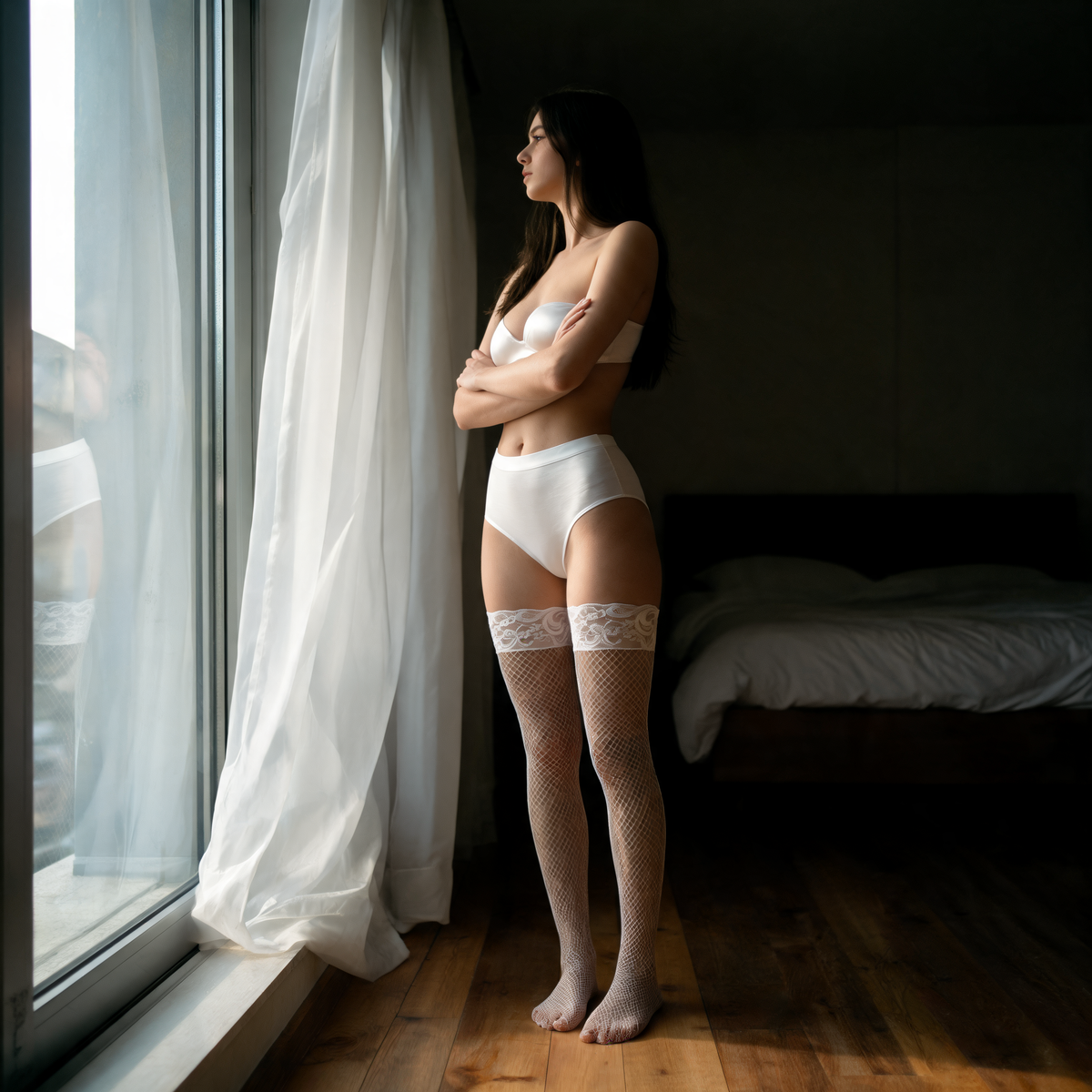 Fishnet Stockings with Lace Trim - White