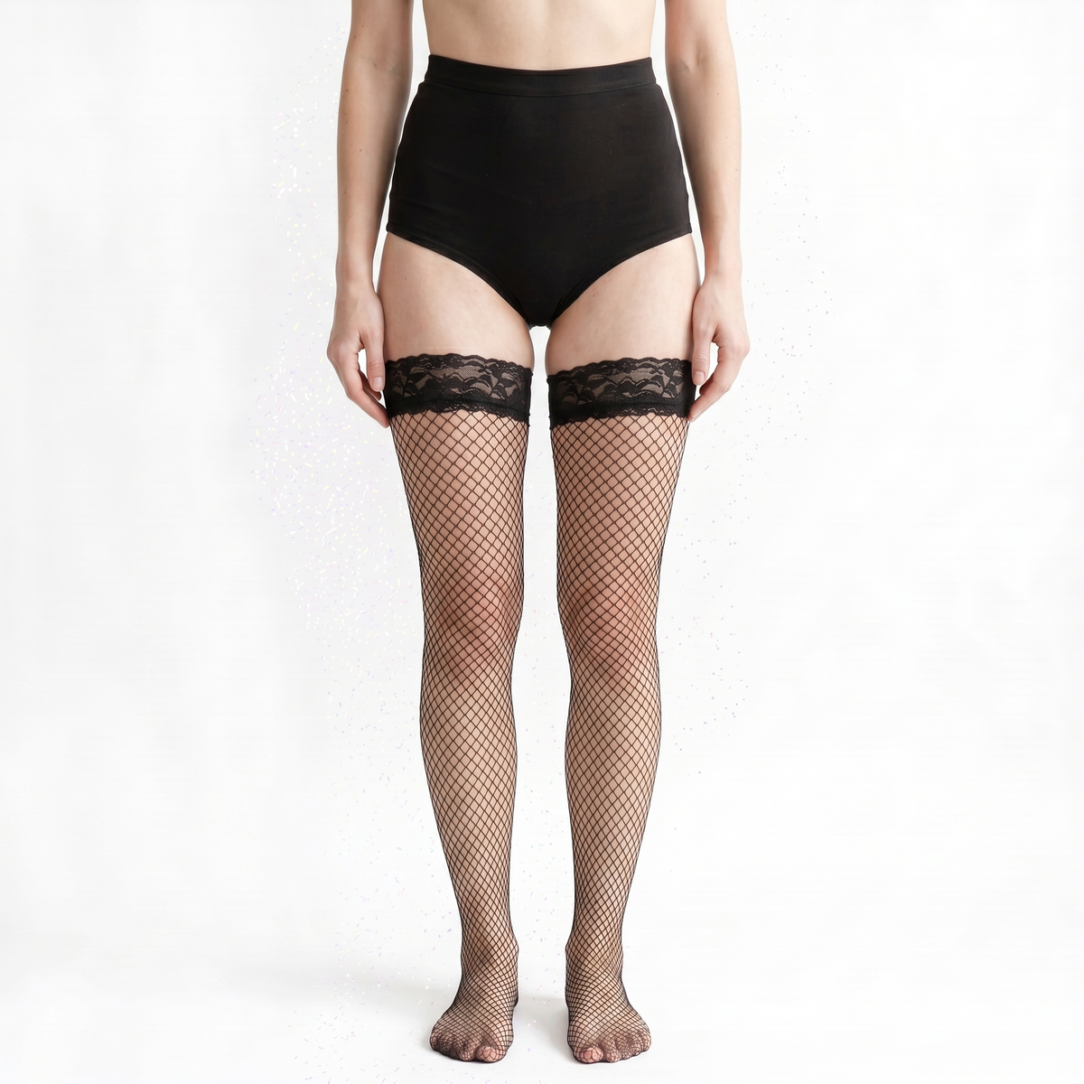 Fishnet Stockings with Lace Trim - Black