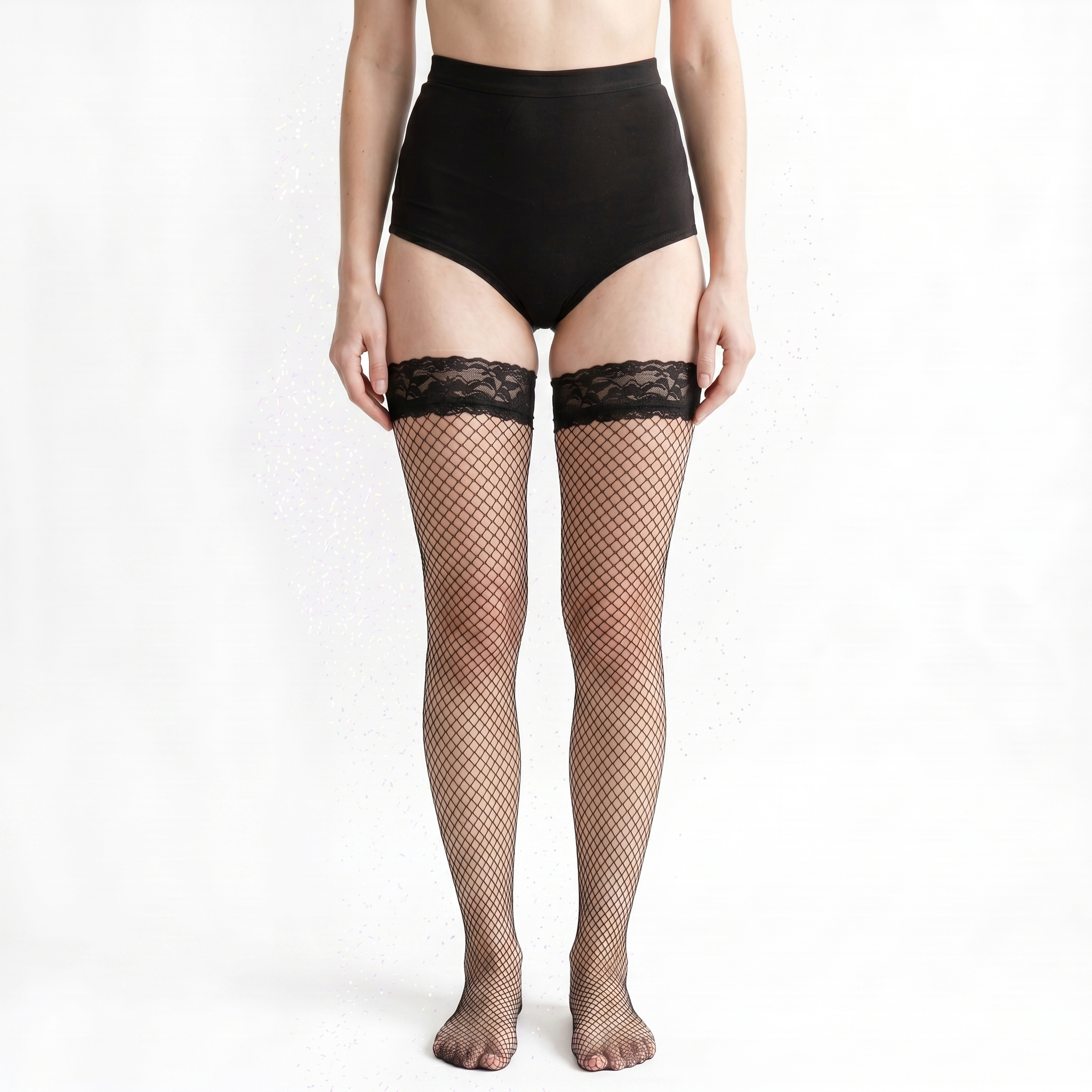 Fishnet Stockings with Lace Trim - Black